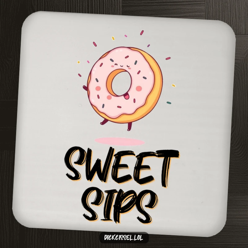 Funny Coaster featuring a sweet donut joyfully doing a cartwheel, with flying sprinkles, adding playful charm.