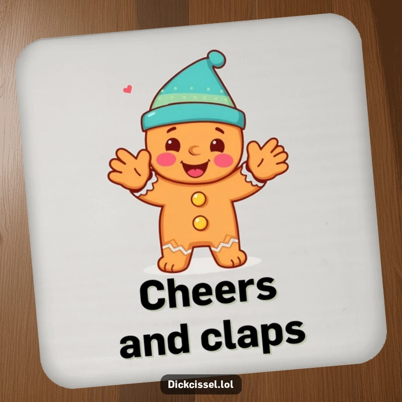 Funny drink coaster featuring a happy gingerbread man character performing a spirited clap, ideal for festive parties.