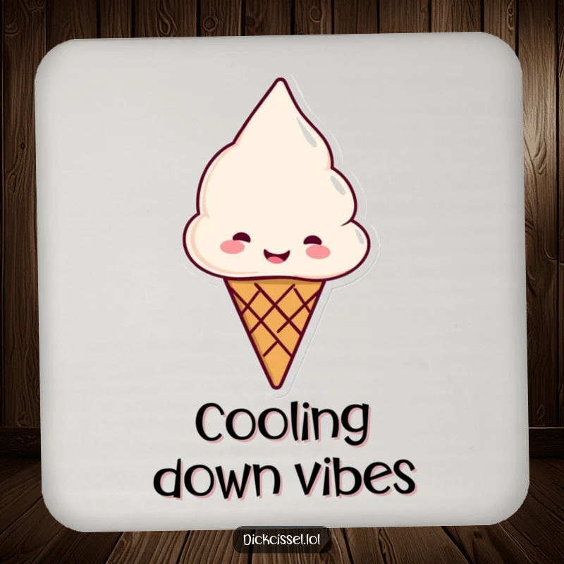Funny ice cream cone drink coaster, smiling and offering a cone, for sweet surface protection.
