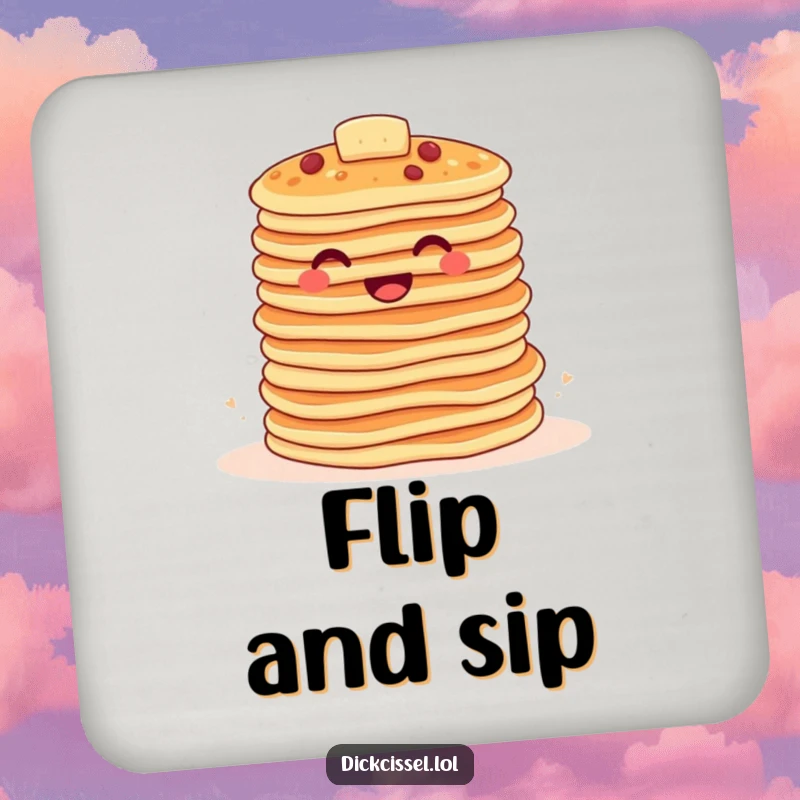 Funny pancake drink coaster showing a stack of happy pancakes bouncing together, adding a touch of breakfast humor.