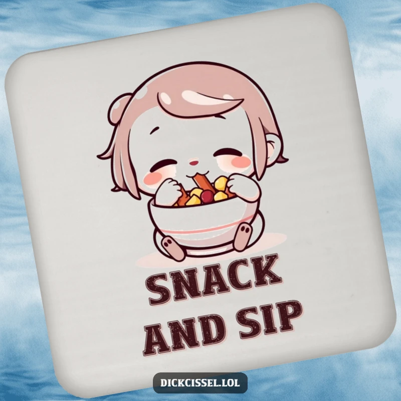 Funny character with cheeks stuffed full of snacks from a bowl, on a drink coaster, offering protection with a snack theme.