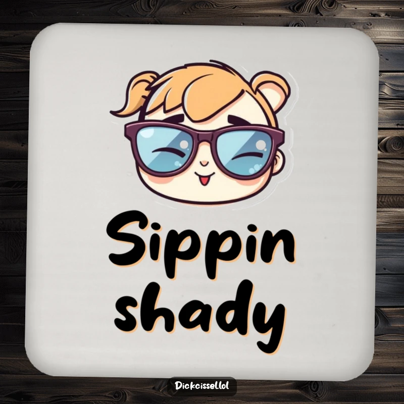 Funny drink coasters depicting a sticker of cool sunglasses winking cheekily, protecting surfaces with style.