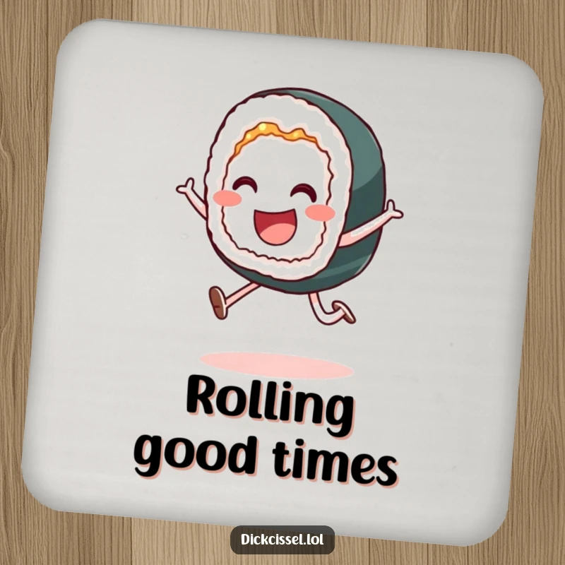 Funny drink coasters featuring a smiling sushi roll in a playful leap, protecting tables with whimsical flair.