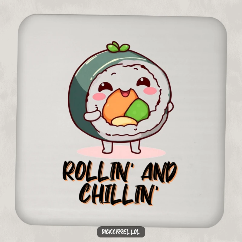 Funny sushi roll coaster, happy character offering a delicious bite, protecting surfaces with charm. A functional and humorous accessory.