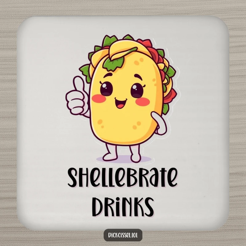 Funny drink coasters showcasing a happy taco character with a surprised thumbs up, protecting surfaces humorously.