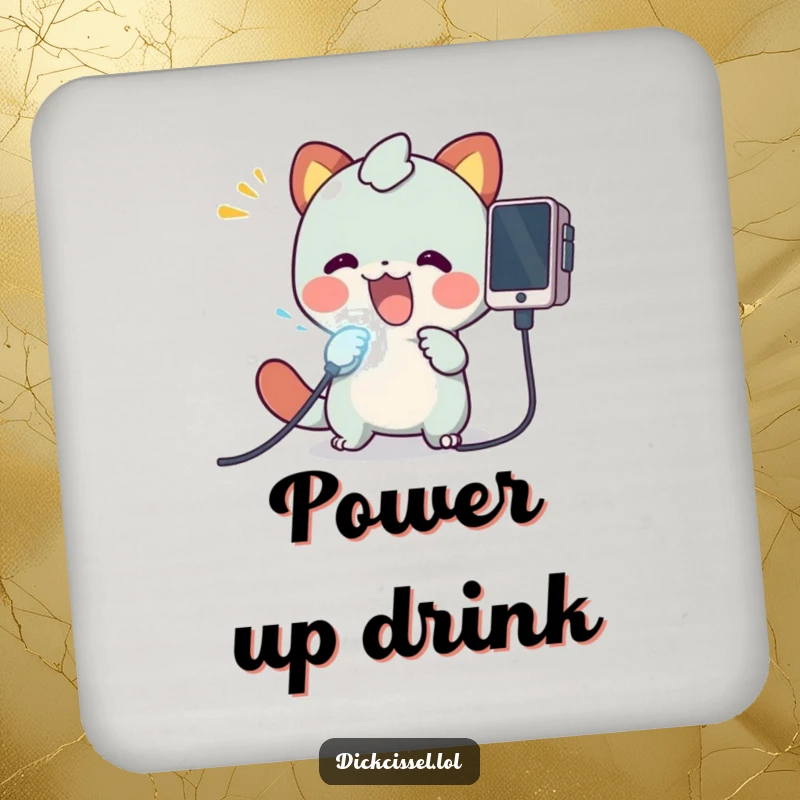 Funny drink coaster featuring a creature plugging a glowing cable into a device, a humorous accessory for tech lovers.