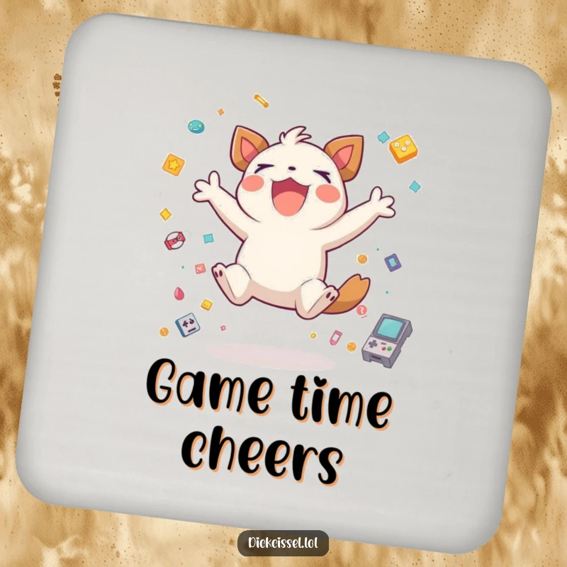 Funny creature jumping excitedly for joy, surrounded by game icons, on a drink coaster, offering protection with a gaming theme.