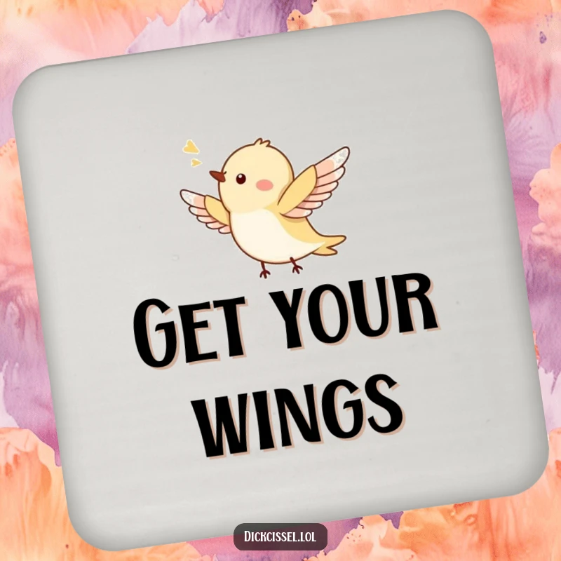 Funny drink coaster with a tiny bird in happy flight, wings spread wide, adding a touch of whimsy. Protective accessory.