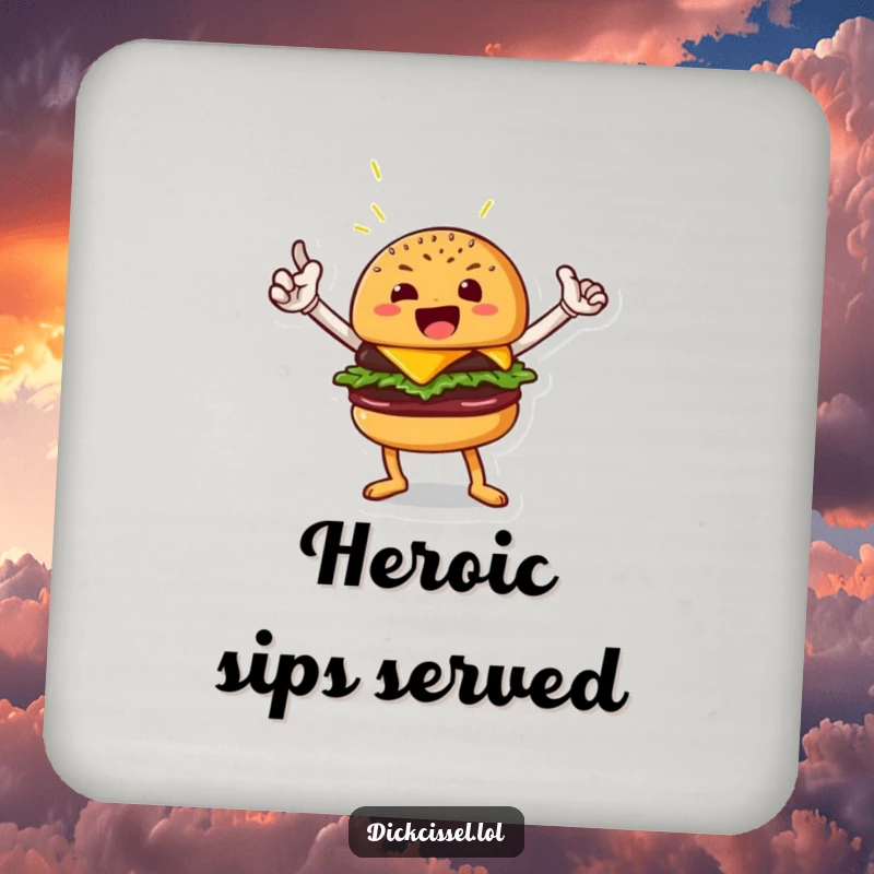 Funny drink coaster featuring a beaming burger character in a heroic pose, adding a bold and protective touch to tables, a great funny gift.