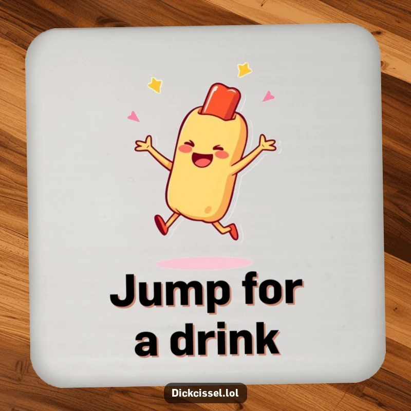Funny drink coaster featuring a smiling hot dog character in a celebratory jump, adding a playful and protective touch to tables, a great funny gift.