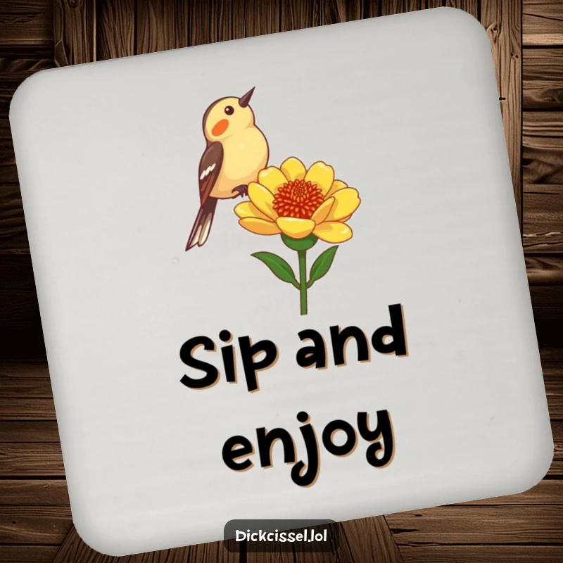 Funny Dickcissel Bird Drink Coaster: A charming dickcissel bird chirping from a flower stalk, protecting your furniture.