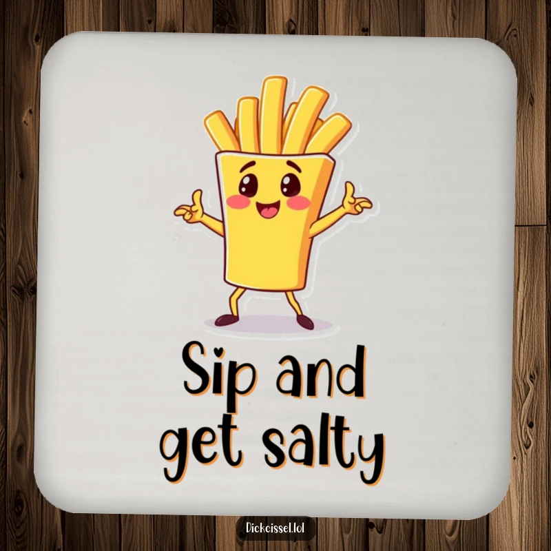Funny Drink Coaster featuring a cheerful french fry character in a dynamic pose, protecting surfaces with a playful, humorous design.