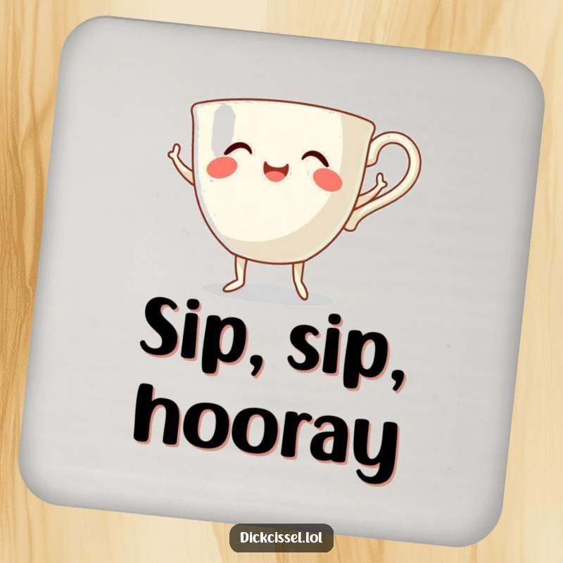 Funny dancing teacup coaster featuring a smiling teacup with tiny legs performing a happy dance, protecting surfaces with humor.