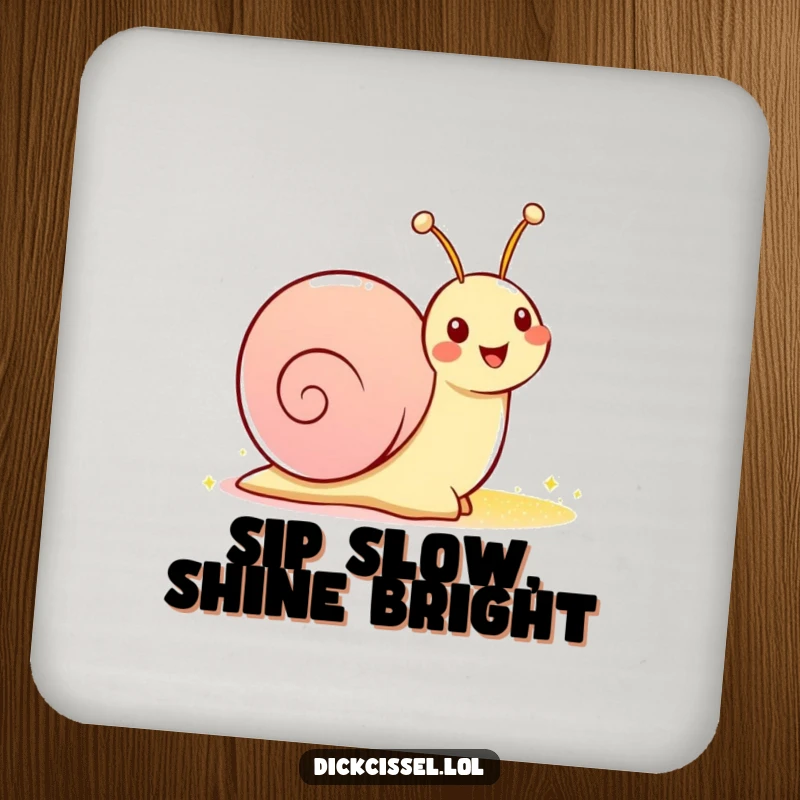 Funny drink coaster featuring a cheerful snail character with a glistening sparkly trail, protecting surfaces with humor.