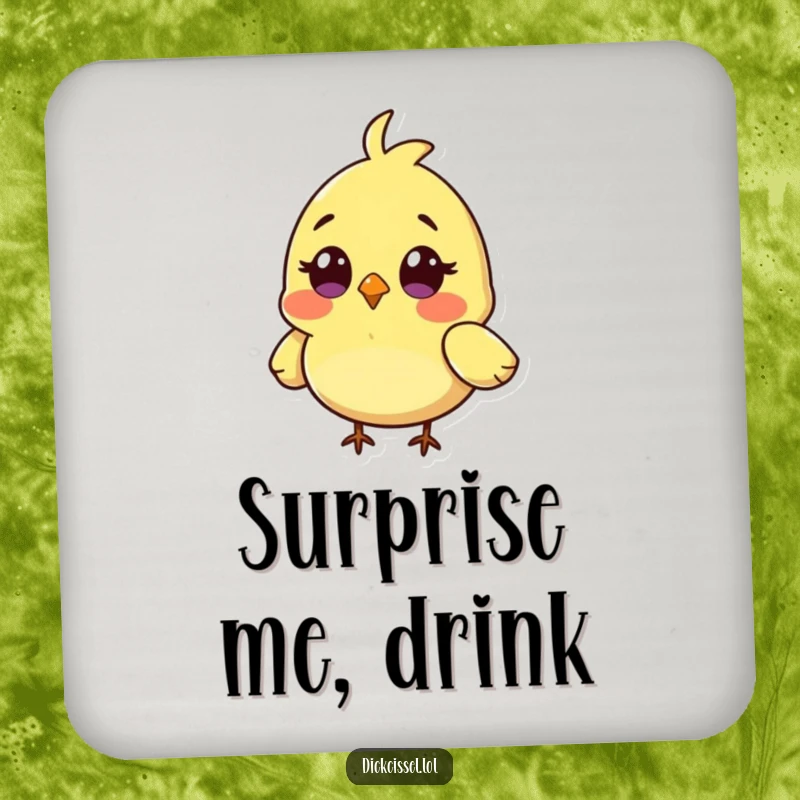 Funny drink coaster featuring a tiny bird character with a surprised expression and wings slightly out of place.