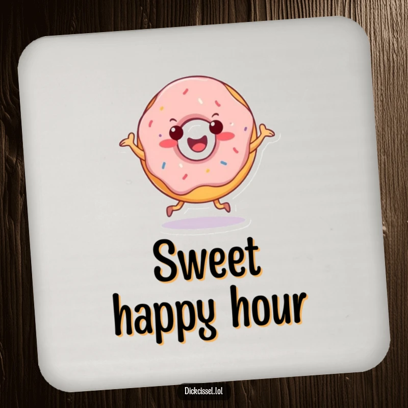 Funny drink coasters featuring a cheerful doughnut character doing a happy jig, protecting tables with sweet humor.