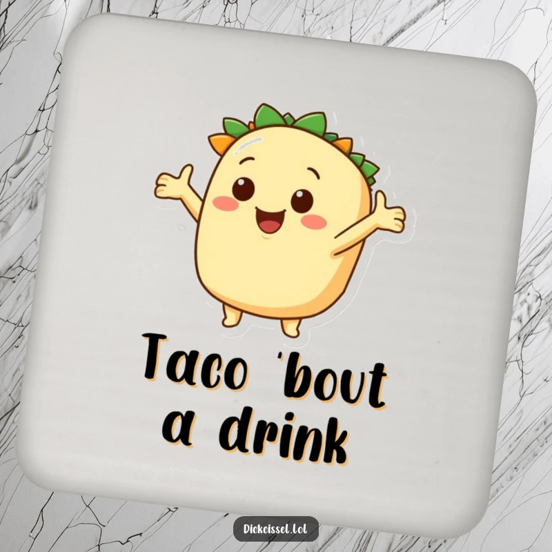 Funny taco exploration coaster, smiling character with inviting arms, protecting surfaces with zesty charm. A functional and humorous accessory.