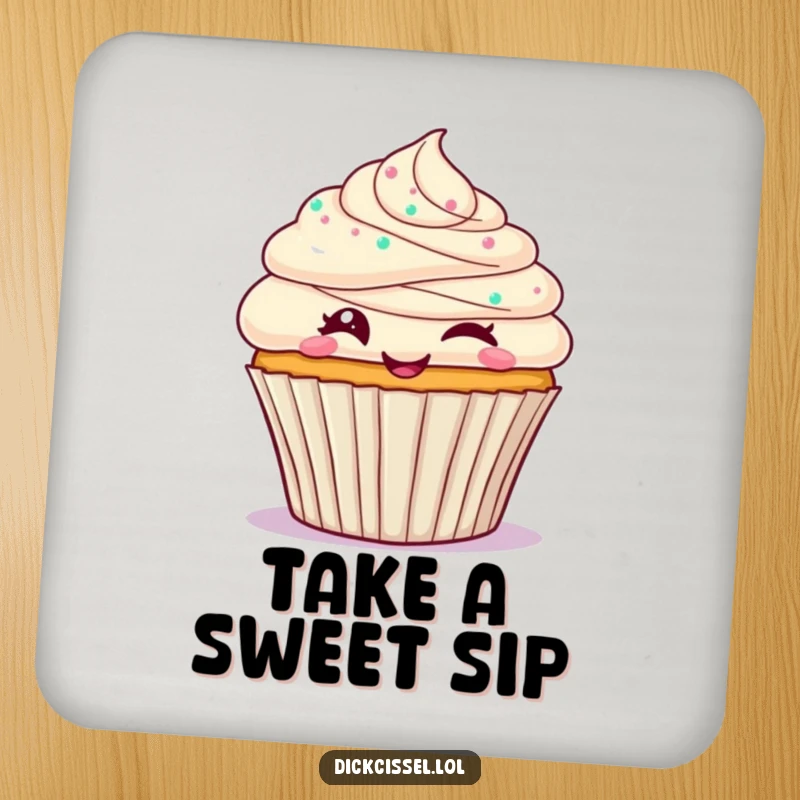 Funny cupcake coasters showcasing a frosted cupcake character winking playfully, perfect for adding sweet charm to any drink setting.