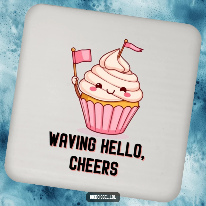 Funny drink coaster with a charming cupcake character waving a small flag, adding a playful and protective touch to tables, a great funny gift.