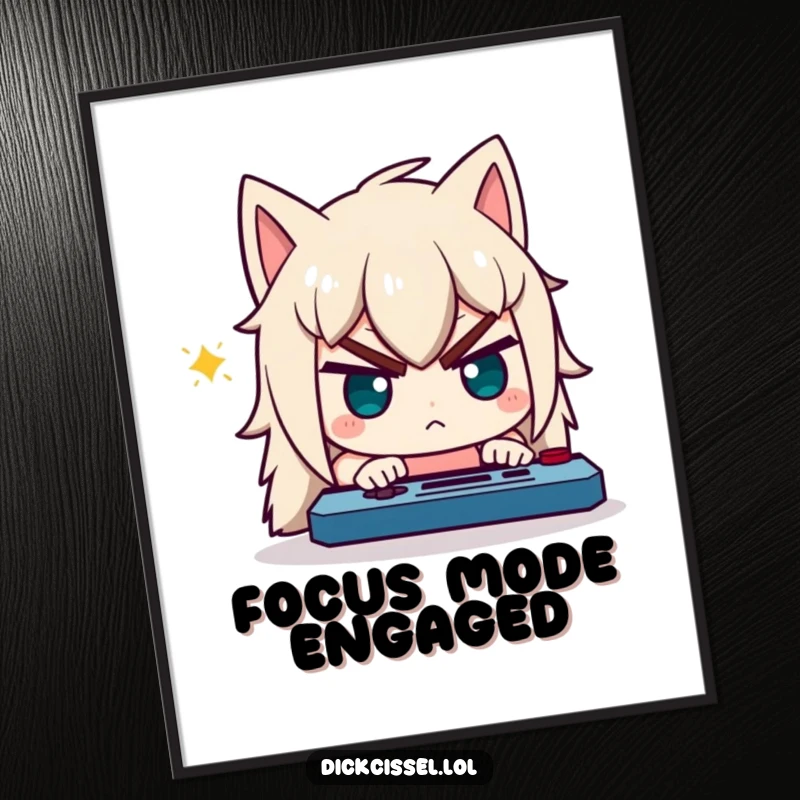 Funny poster art of a character with a comically determined expression, completely absorbed in playing a video game.