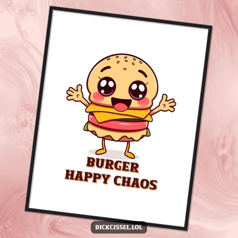 Funny happy burger character poster, with googly eyes and flailing arms, for vibrant art.