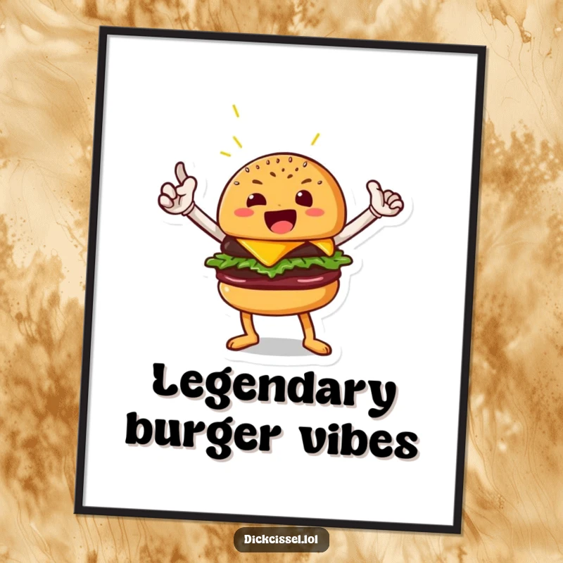 Funny heroic poster of a beaming burger character striking a confident pose, adding a bold and humorous statement to wall decor, excellent funny gift.