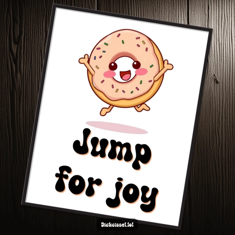 Funny cheerful donut poster depicting a happy donut mid-leap, heavily sprinkled, full of delightful energy and sweetness.