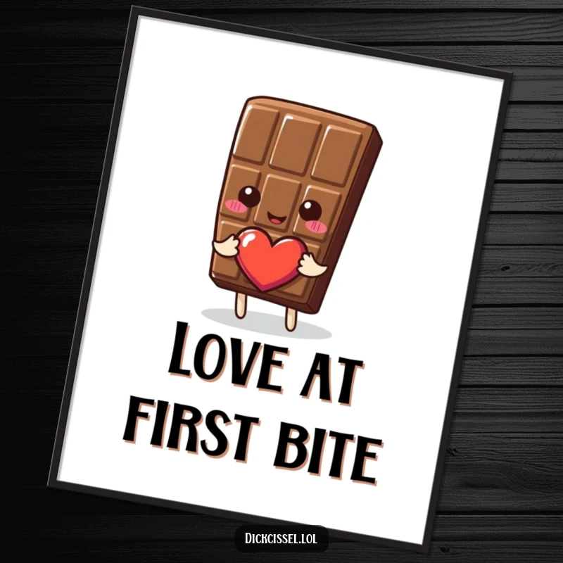Funny Poster art of a smiling chocolate bar tenderly offering a heart, creating a sweet and loving atmosphere.