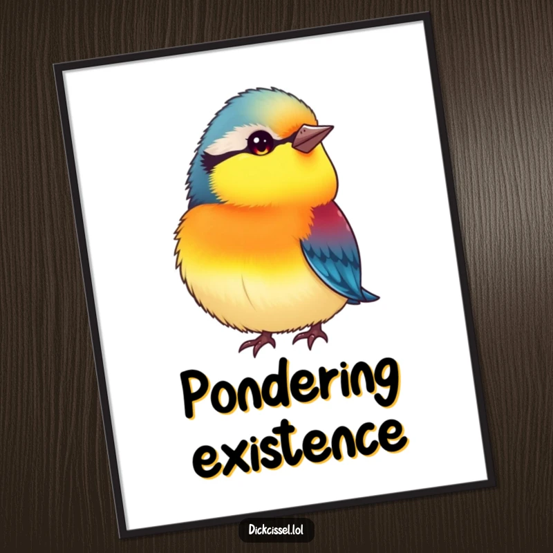 Funny poster of a small, plump, vibrantly colored bird tilting its head inquisitively, adding a humorous and charming touch to decor.