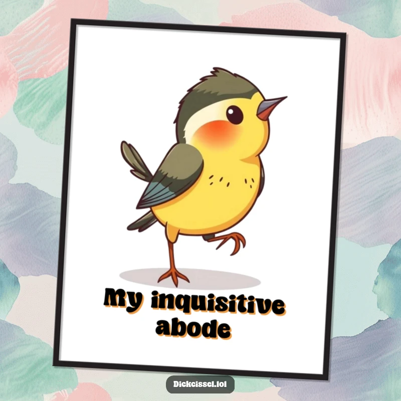 Funny Dickcissel Bird Poster: A curious dickcissel bird captured mid-hop sideways, embodying playful exploration and charm.