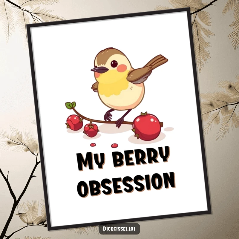 Funny Dickcissel Bird Poster: A dickcissel bird energetically focused on pecking a fallen berry, full of life.