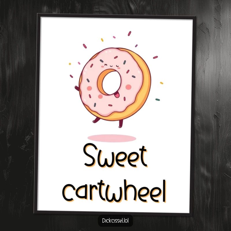 Funny Poster of a sweet donut joyfully doing a cartwheel, with a dynamic explosion of flying sprinkles.