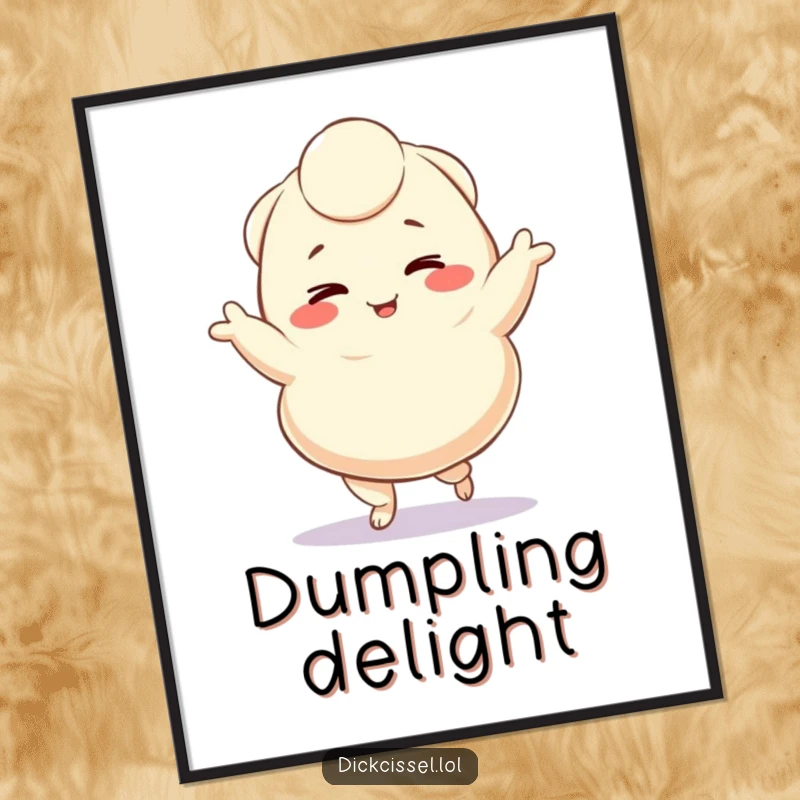 Funny poster print of a winking dumpling character performing a joyful jig, bringing dynamic fun and visual appeal to any wall, excellent funny gift.
