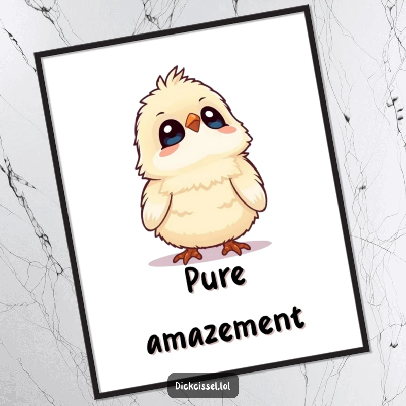 Funny poster art of a fluffy bird looking upwards, eyes wide with innocent curiosity and amazement. Whimsical wall decor.