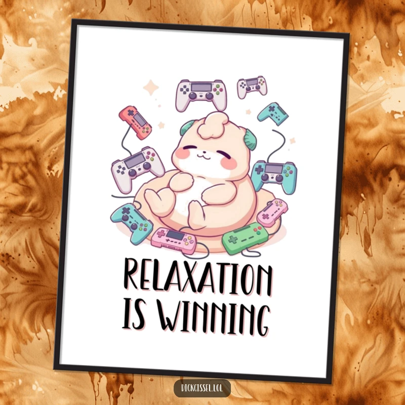 Funny poster art of a creature blissfully lounging, with various game controllers floating around it.