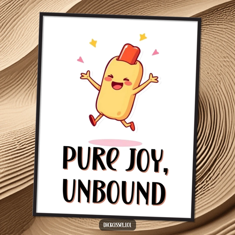 Funny poster print of a smiling hot dog character in a celebratory jump, bringing dynamic joy and excitement to any room, excellent funny gift.