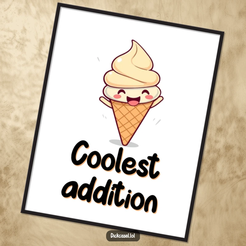 Funny poster featuring a gleeful ice cream cone doing a happy spin, adding sweet joy to wall decor.