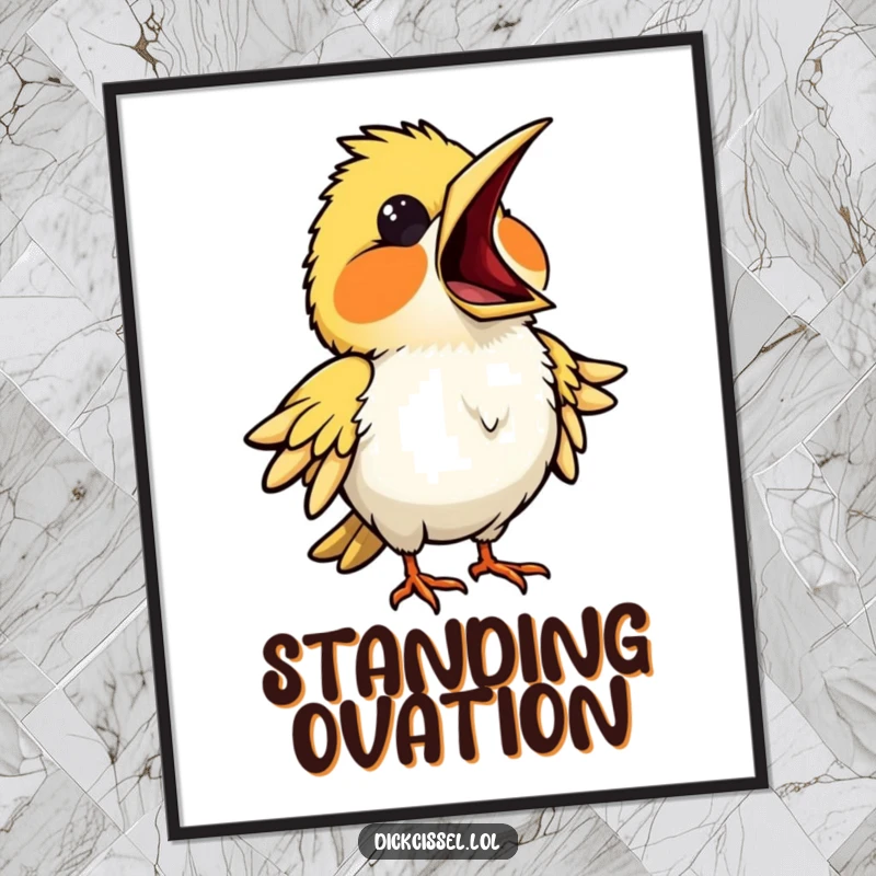 Funny poster art of a bird performing opera with its beak wide open, conveying passionate musical expression. Dramatic wall decor.