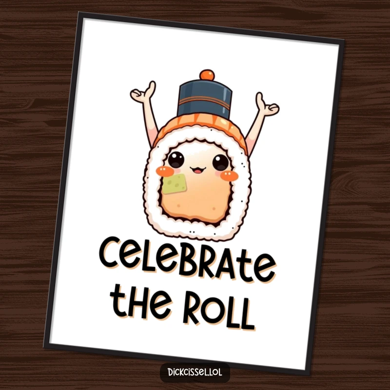 Funny sushi celebration poster depicting a piece of sushi wearing a hat, arms raised in a cheerful party gesture.