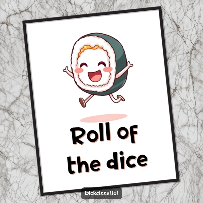 Funny poster featuring a smiling sushi roll performing a playful leap, adding dynamic humor to wall decor.