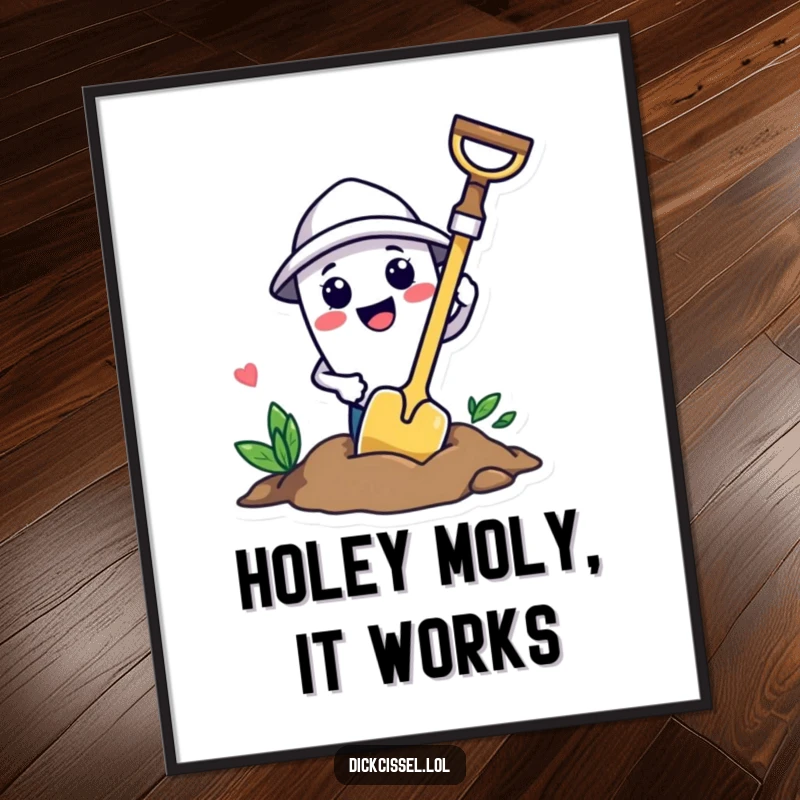 Funny trowel character with a joyful expression, digging a hole, bringing a playful gardening vibe to any room.