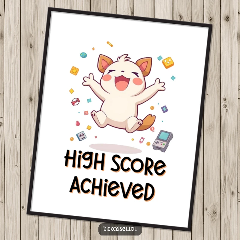 Funny creature jumping excitedly for joy, surrounded by tiny game icons, presented as wall art, celebrating gaming achievements.