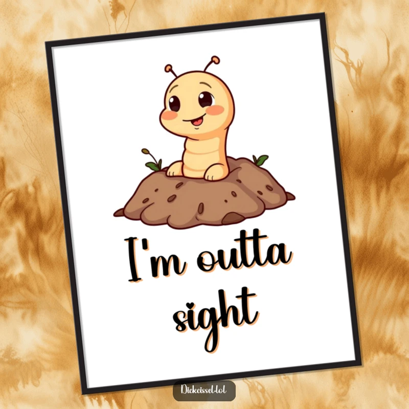 Funny poster displaying a mischievous worm character emerging from a realistic soil texture, adding a humorous touch.