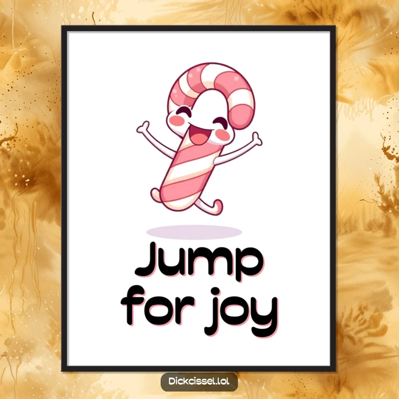 Funny candy cane poster depicting a smiling candy cane in a dynamic jumping pose, capturing pure holiday excitement and festive cheer.