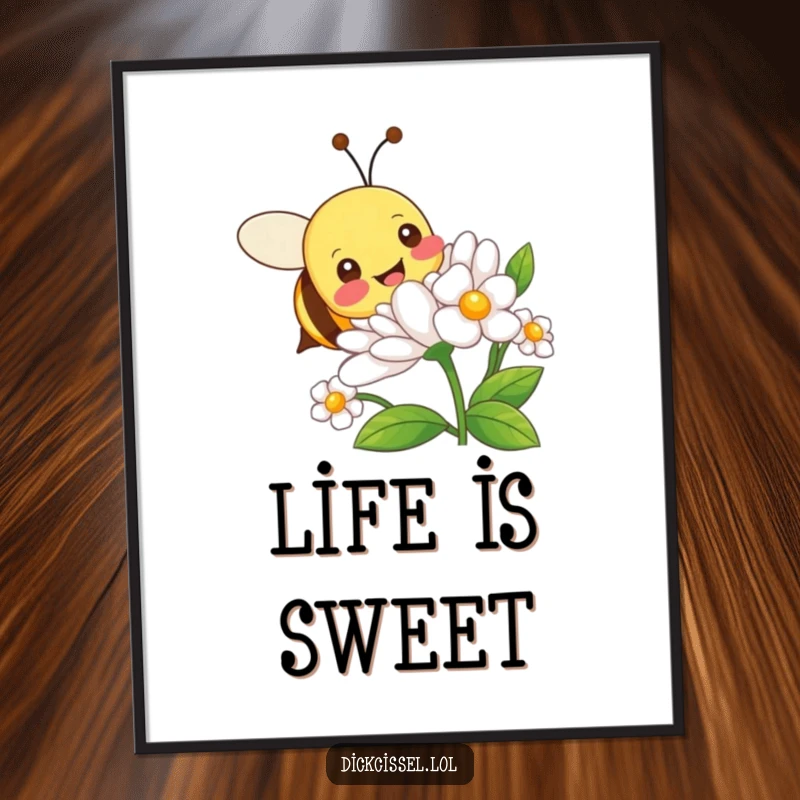 Funny poster depicting a happy bee character actively buzzing around a large, detailed, and colorful flower.
