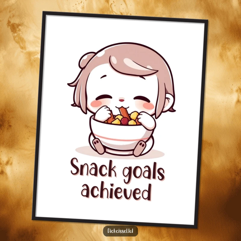 Funny character with cheeks comically stuffed full of snacks from a bowl, presented as wall art, evoking a sense of joyful indulgence.