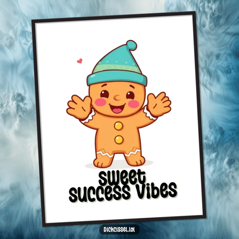 Funny poster art of a happy gingerbread man character performing a spirited clap, radiating holiday cheer and fun.