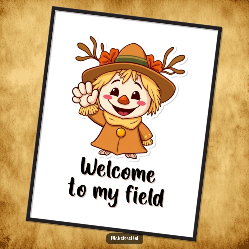 Funny poster displaying a smiling scarecrow character waving a warm, inviting hand, perfect for festive decoration.