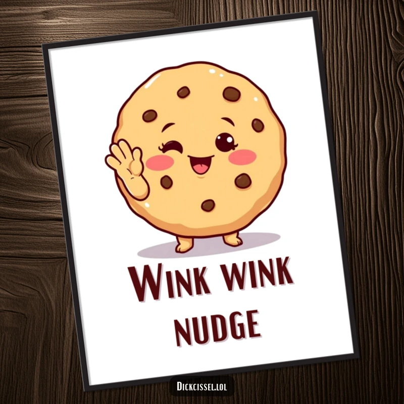 Funny winking cookie poster depicting a cheerful cookie character winking and waving, bringing warmth and humor to decor.