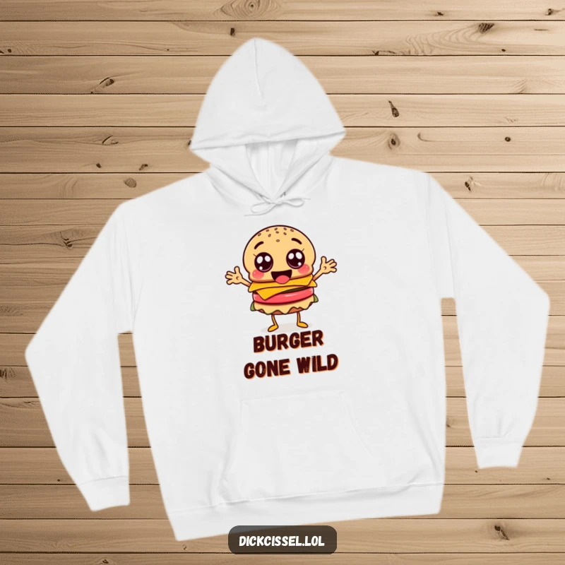 Funny happy burger character hoodie, with googly eyes and flailing arms, perfect for fun.